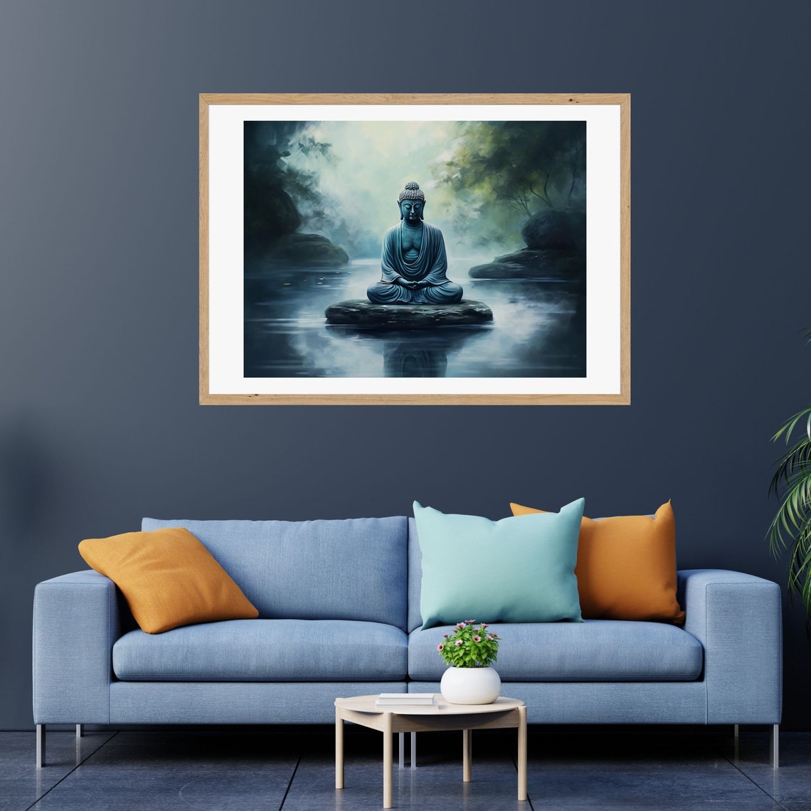 Blue Buddha Statue Meditating on a Rock in a Misty Lake Poster - Image 3