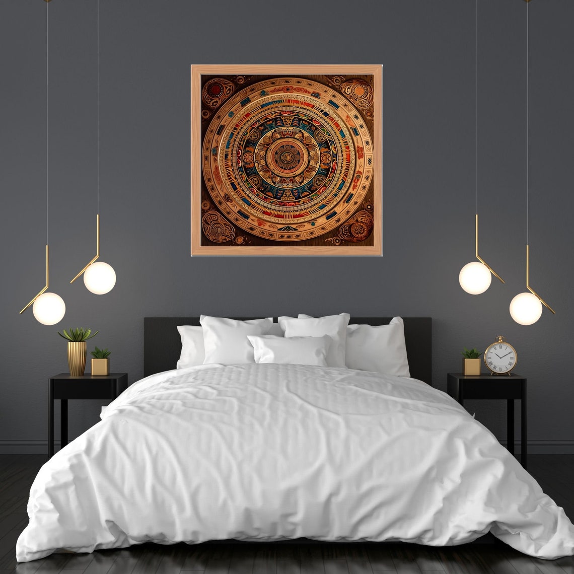 Colorful Tribal Style Mandala in Teal Coral and Gold Tones Poster