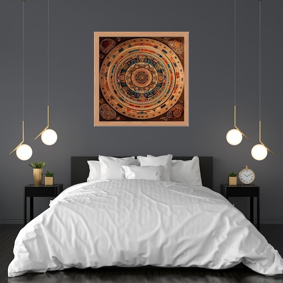 Colorful Tribal Style Mandala in Teal Coral and Gold Tones Poster
