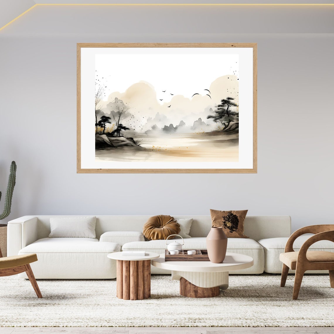 Misty Ink Wash Lake Landscape with Pine Trees and Birds Poster - Image 2
