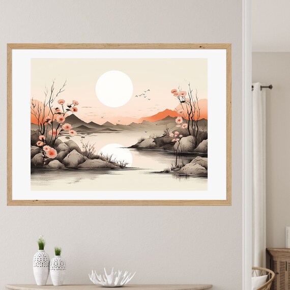 Japanese Sunrise Ink Landscape Pink Blossoms Mountains Wall Art