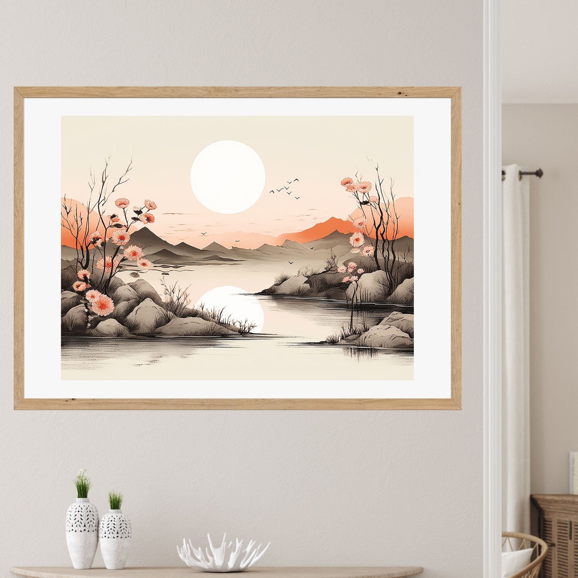 Japanese Sunrise Ink Landscape Pink Blossoms Mountains Wall Art