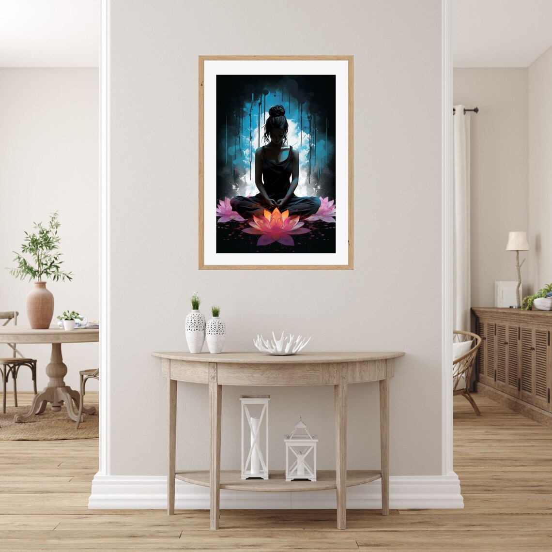 Meditating Woman Silhouette with Glowing Pink Lotus Flower Poster - Image 2