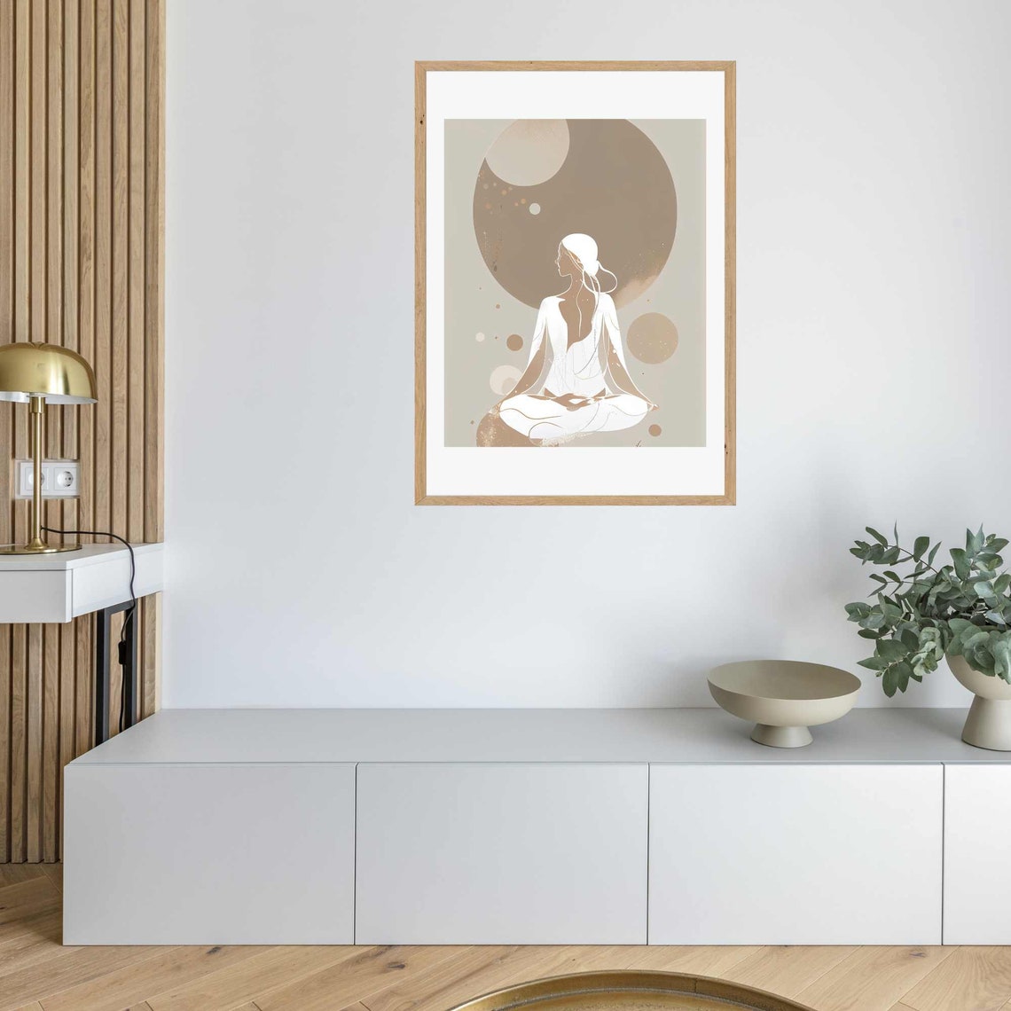 Minimalist Line Art Woman Meditating Under Moons Beige Wall Art - Image 3