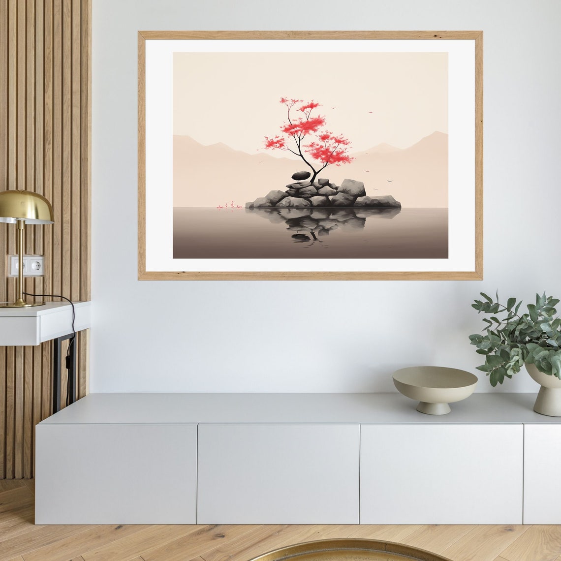Red Maple Tree on Rocky Island Misty Water Japanese Wall Art - Image 3