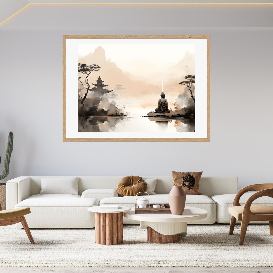 Monk Meditating on Rock by Misty Mountain Lake Serene Poster - Image 2