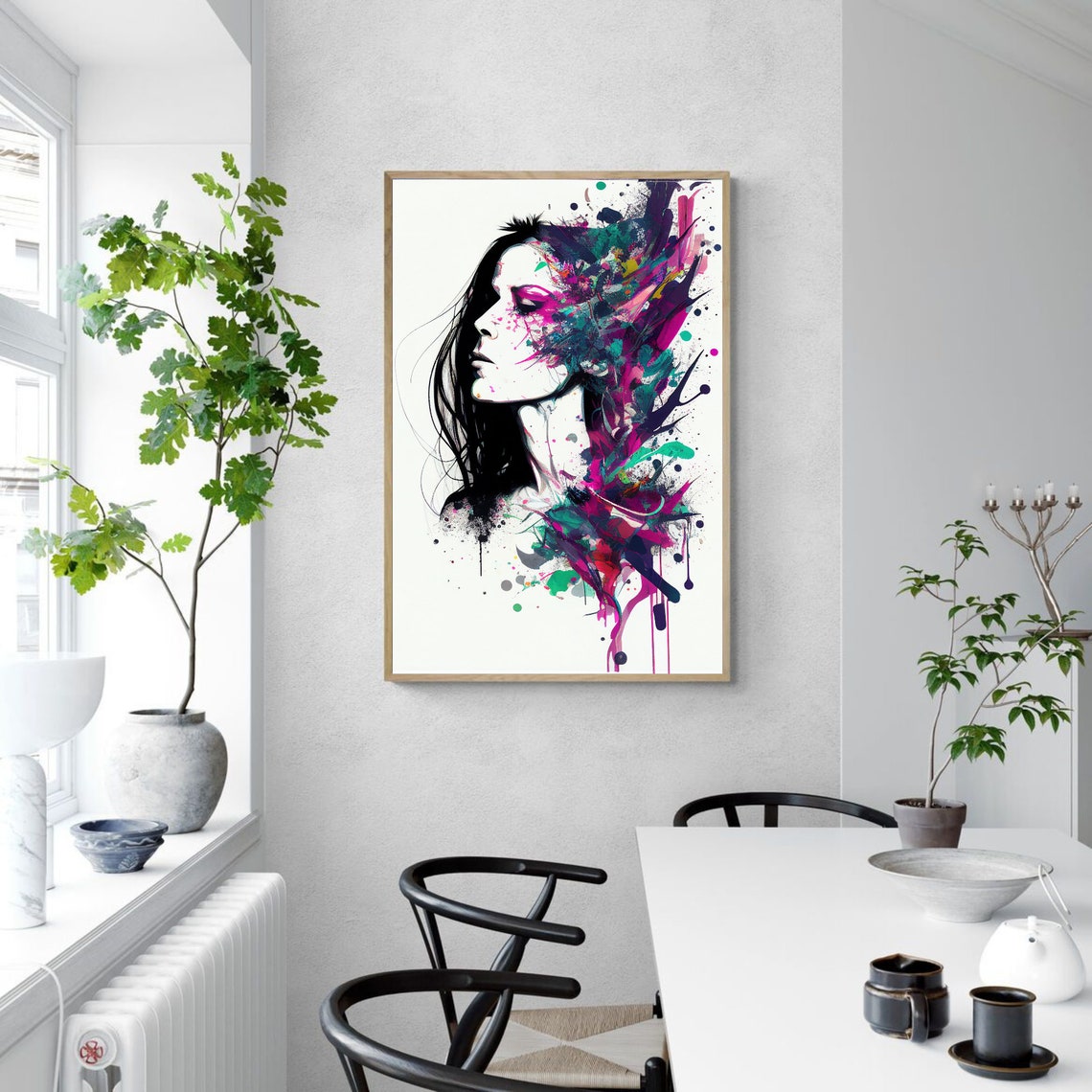 Woman Profile Dissolving into Vivid Magenta Paint Splashes Poster - Image 3