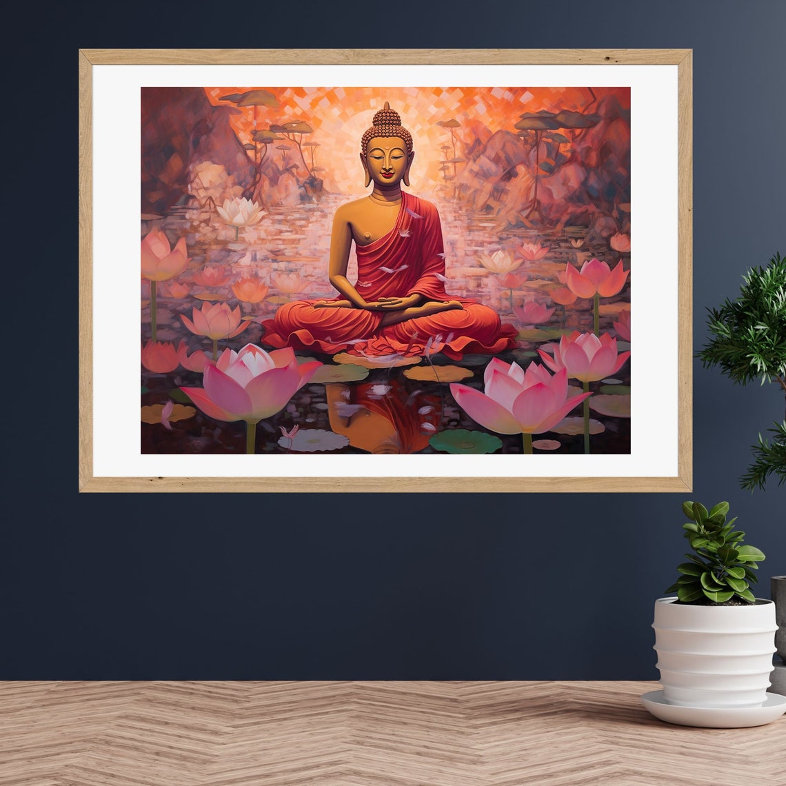 Buddha Meditating Among Pink Lotus Flowers at a Warm Sunset Poster - Image 2