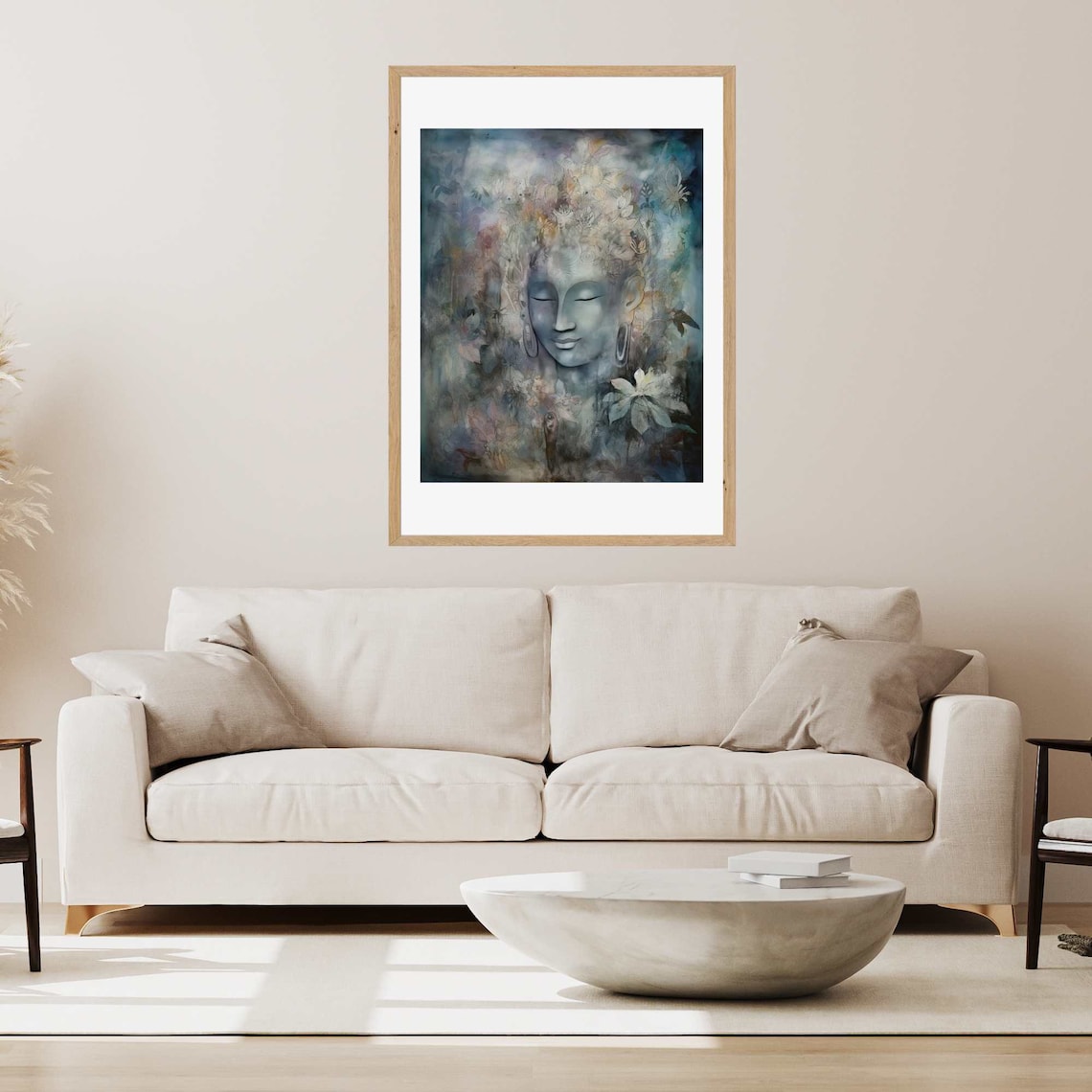 Serene Blue Buddha Face Watercolor Floral Crown Spiritual Meditation Poster - Image 2