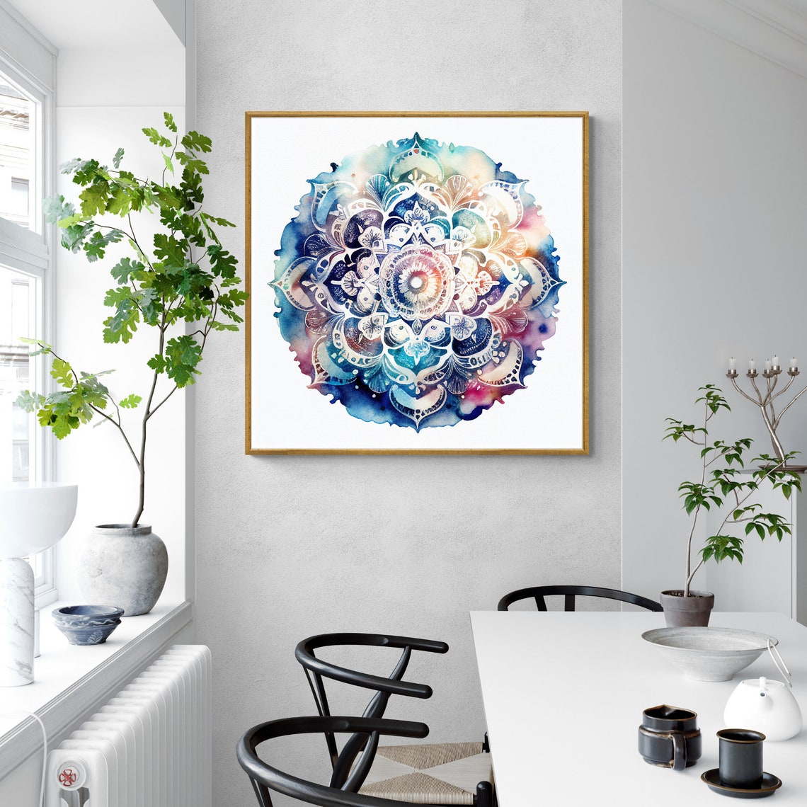 Blue and Pink Watercolor Mandala on a Clean White Background Poster - Image 3