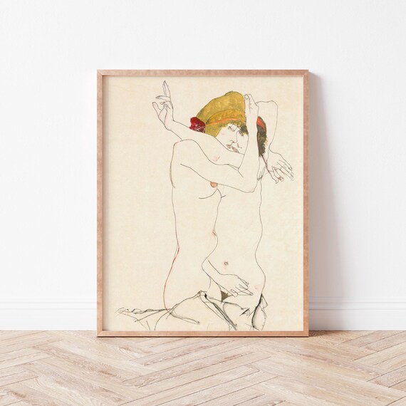 Egon Schiele Two Women Embracing Vintage Nude Line Art Poster