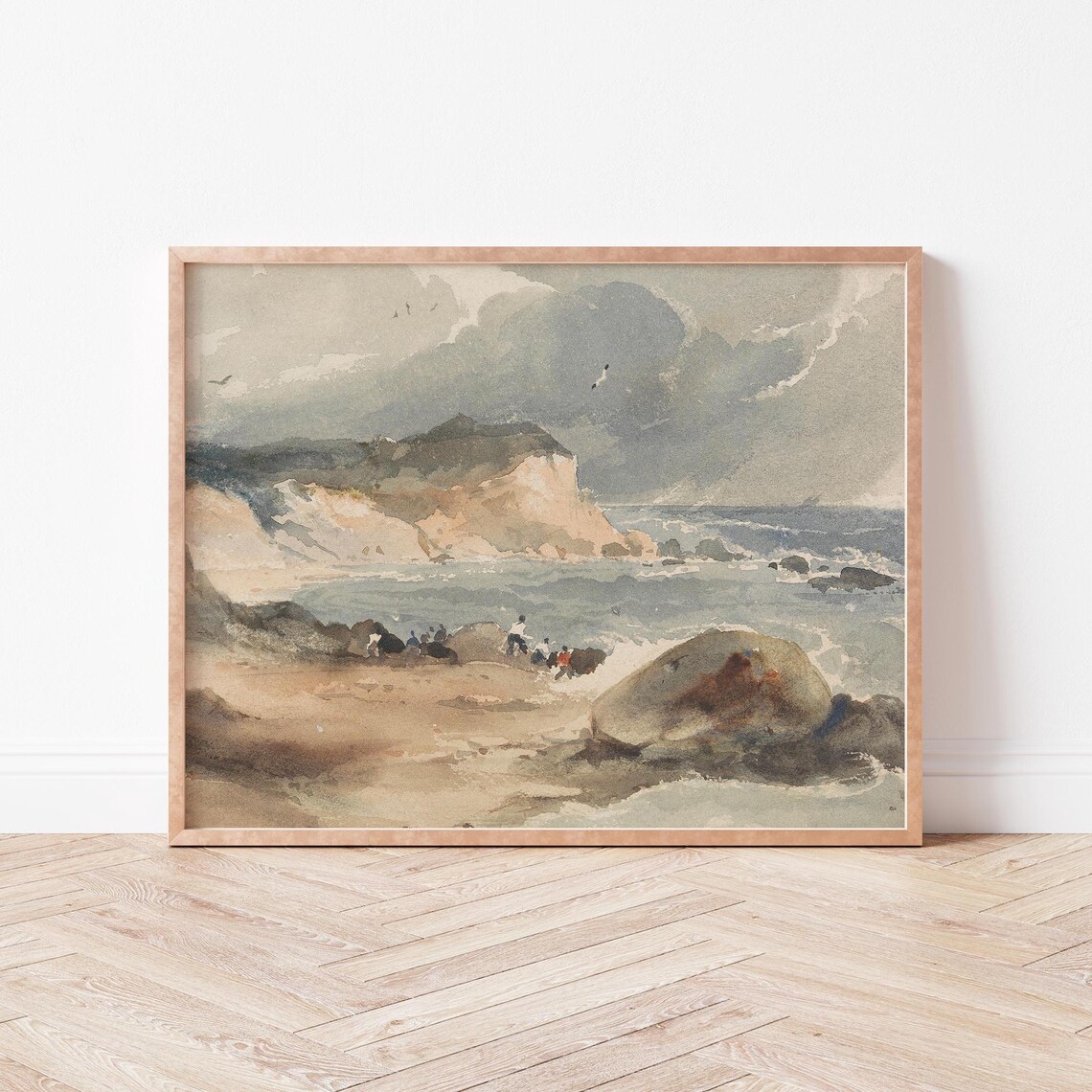 Moody Coastal Cliffs With Fishermen Watercolor Seascape Poster