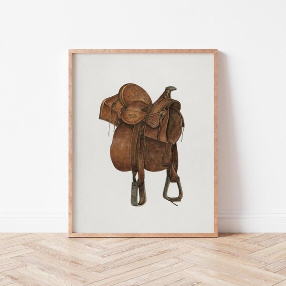 Antique Leather Horse Saddle Watercolor Illustration Western Poster
