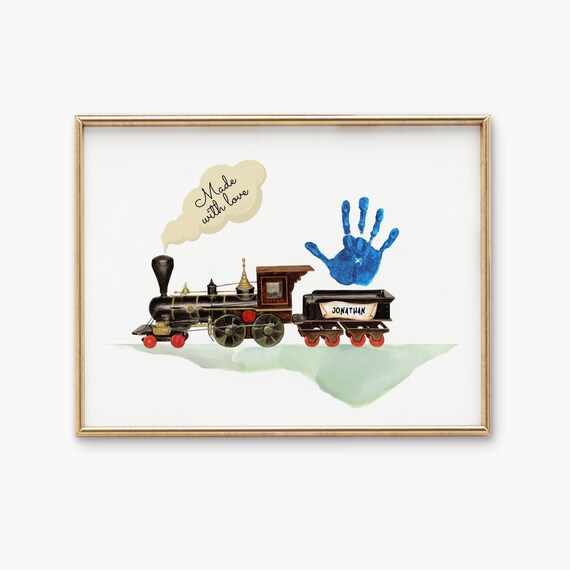 Fathers Day Vintage Train Handprint Personalized Gift Art Print