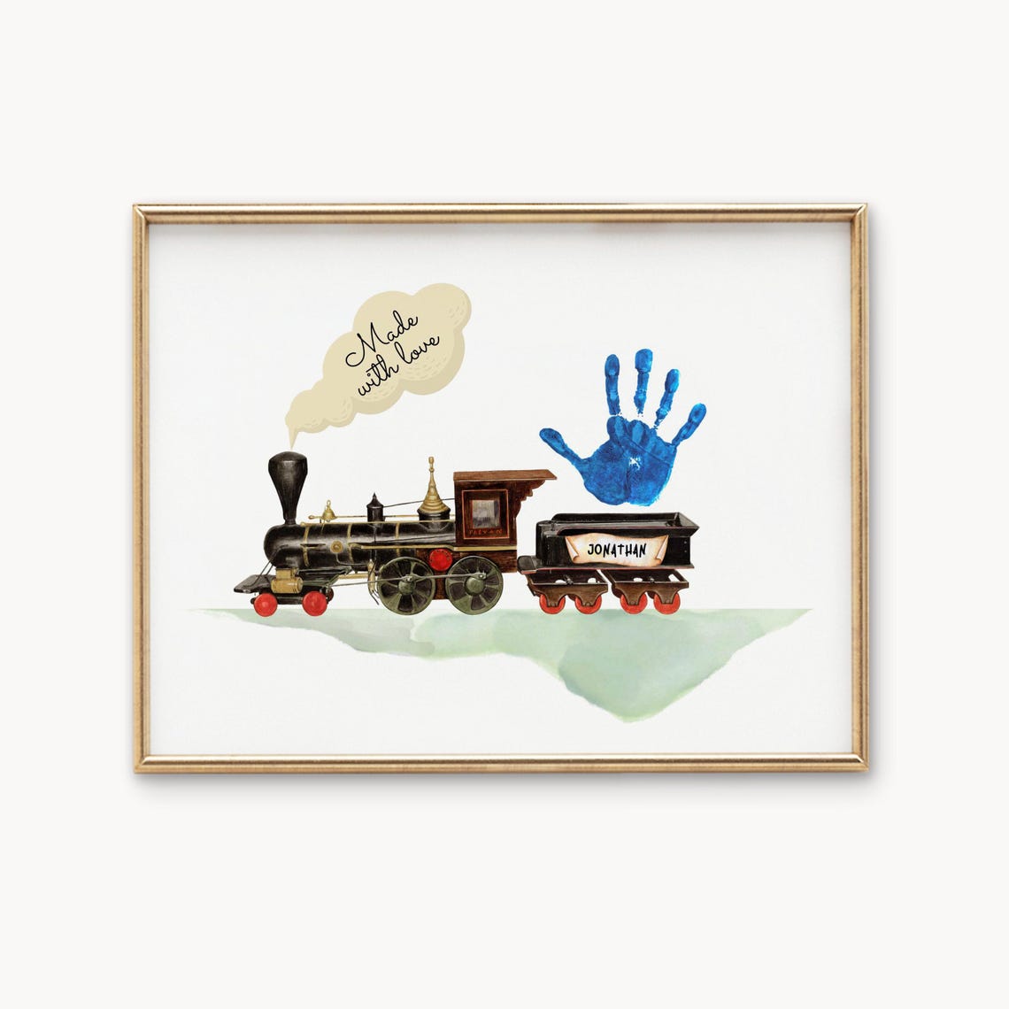 Fathers Day Vintage Train Handprint Personalized Gift Art Print