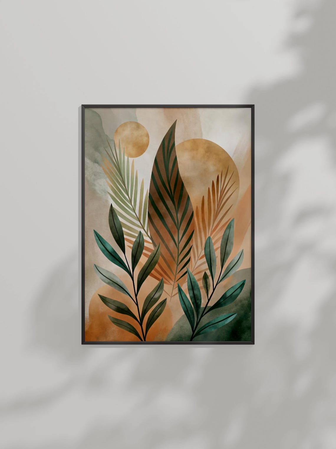 Watercolor Palm Leaves with Golden Suns Botanical Abstract Art Poster