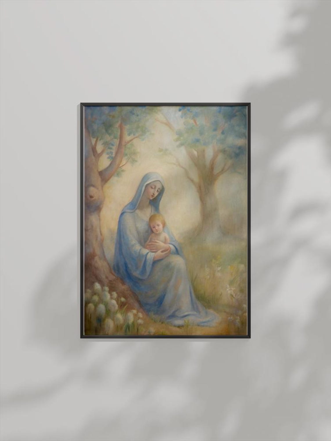 Virgin Mary Holding Baby Jesus Pastoral Garden Watercolor Poster