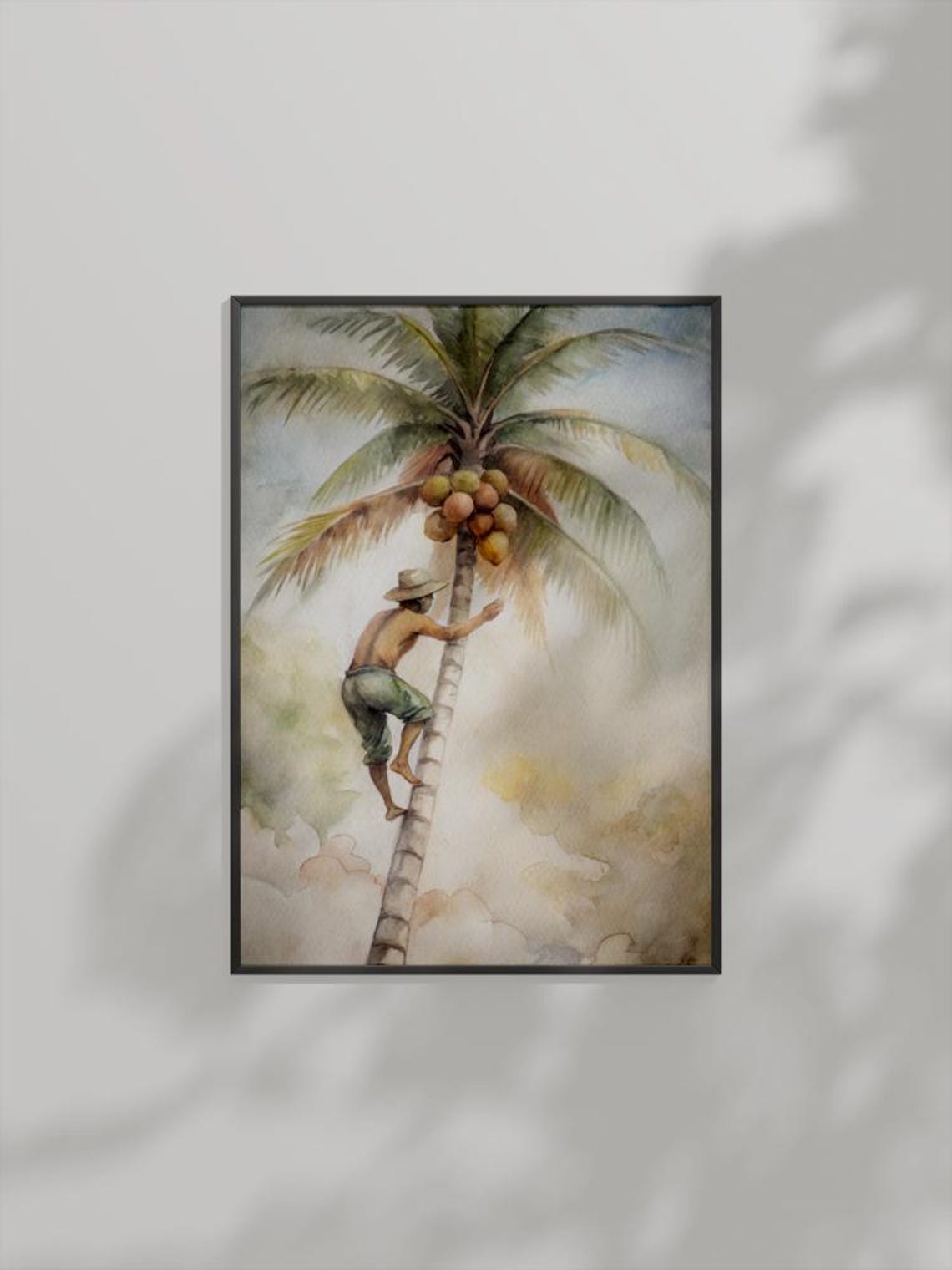 Coconut Harvest Watercolor Man Climbing Palm Tree Tropical Art Poster