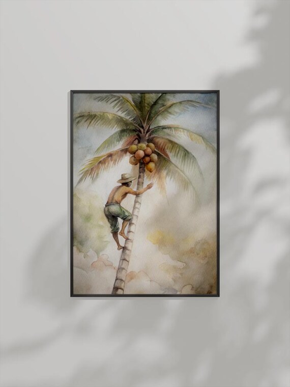 Coconut Harvest Watercolor Man Climbing Palm Tree Tropical Art Poster