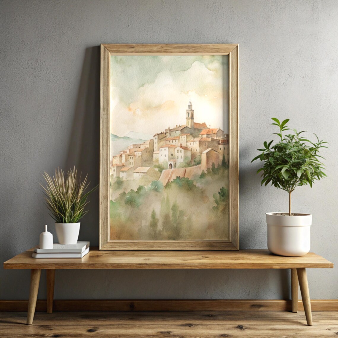 Rustic Italian Village Watercolor Hilltop Town Church Tower Poster Art