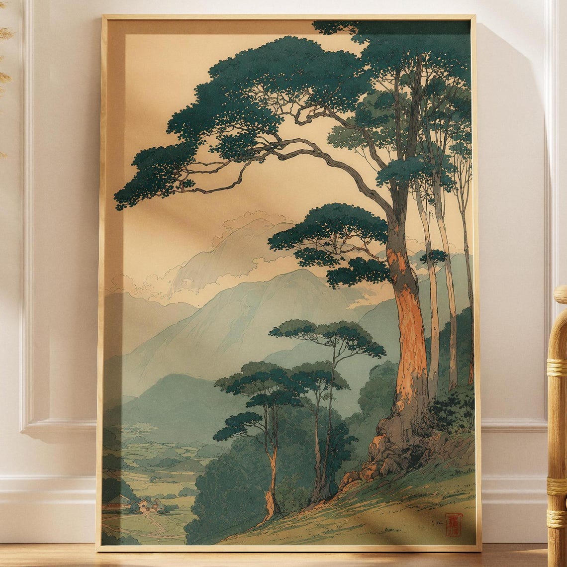Vintage Japanese Pine Forest Misty Mountain Valley Tranquil Poster