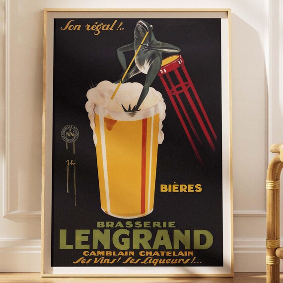 Brasserie Lengrand Beer Frog Diving Vintage French Ad Poster