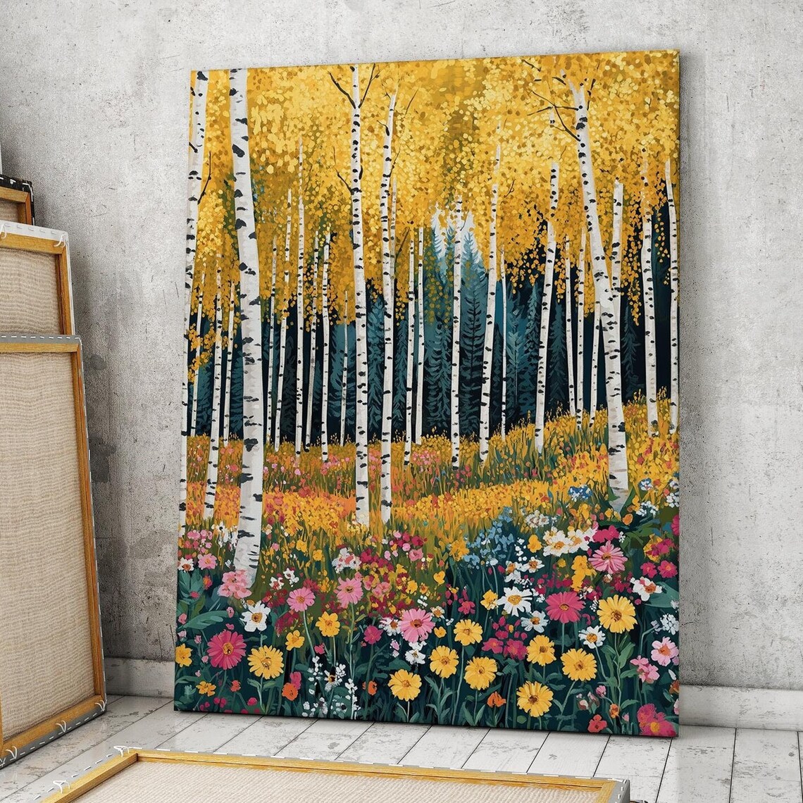 Golden Birch Forest Wildflower Meadow Autumn Landscape Artwork Poster