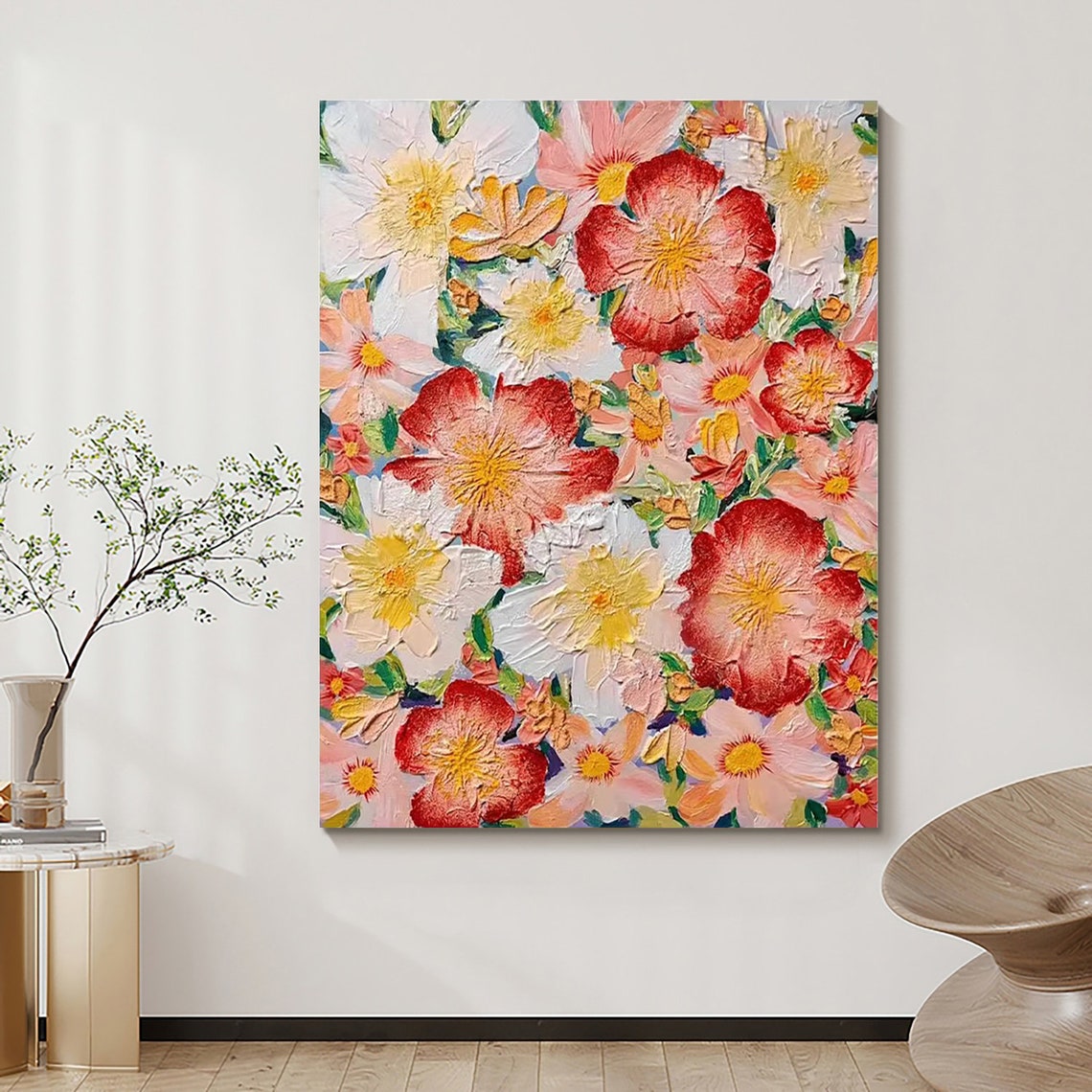 Coral Pink White Blossoms Impasto Floral Oil Painting Poster - Image 3