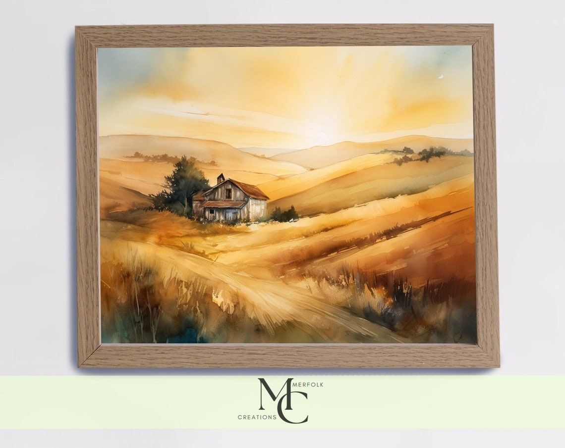 Farmhouse Landscape Print Wheat Field Barn Watercolor Print Farmhouse Decor Farmhouse Wall Art Summer Landscape Print Country Summer