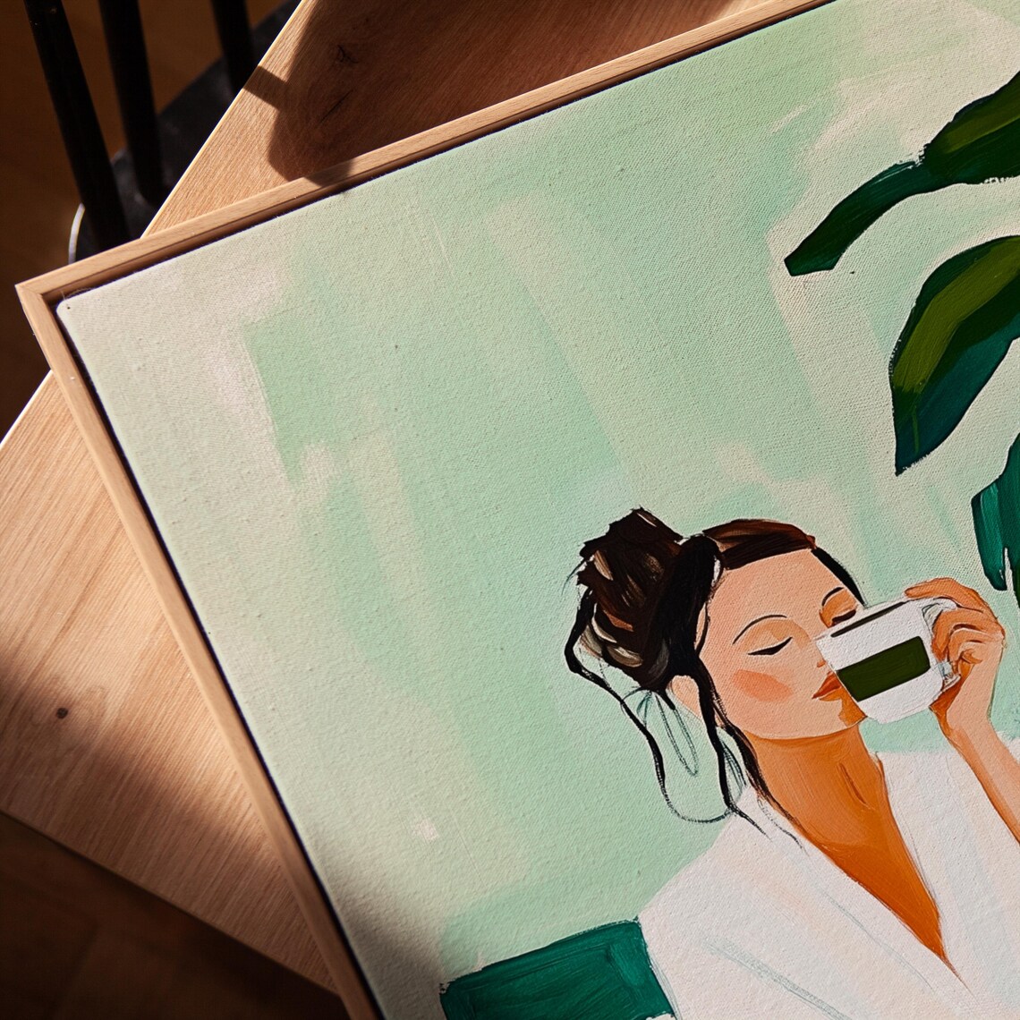 Green Minimalist Woman Drinking Coffee Relaxing Self Care Wall Art Print - Image 5