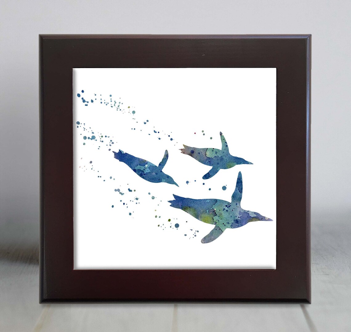 Blue Watercolor Swimming Penguins Trio Antarctic Bird Wall Art - Image 2