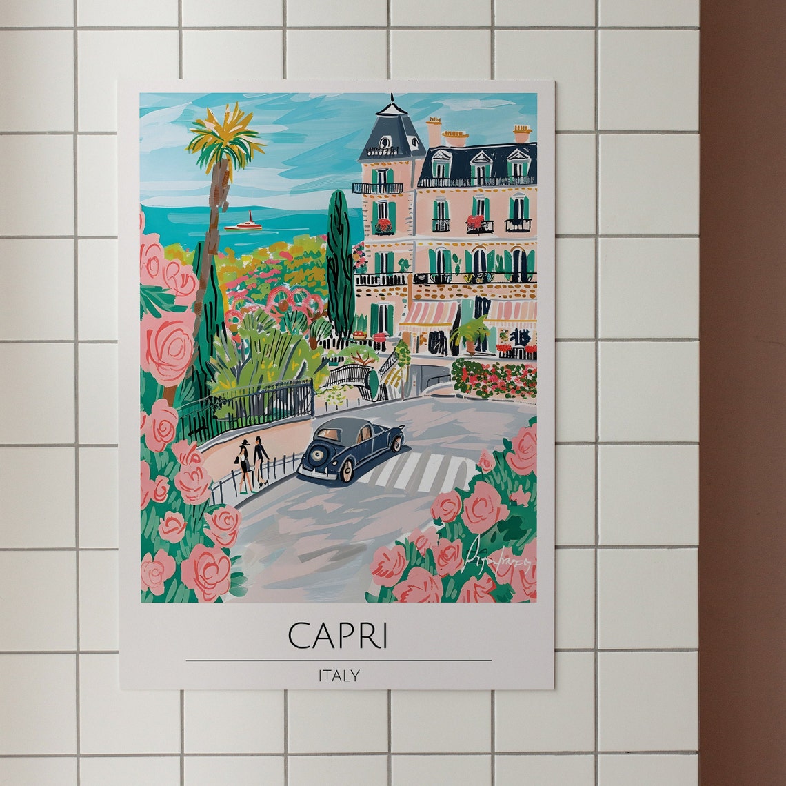 Capri Italy Vintage Car Grand Hotel Pink Roses Coastal Poster - Image 3