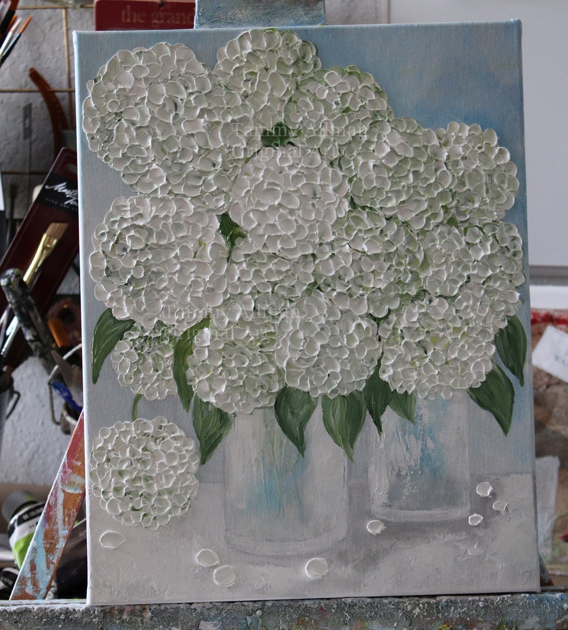 Double White Hydrangea Impasto Painting in Glass Vases Art Poster - Image 3