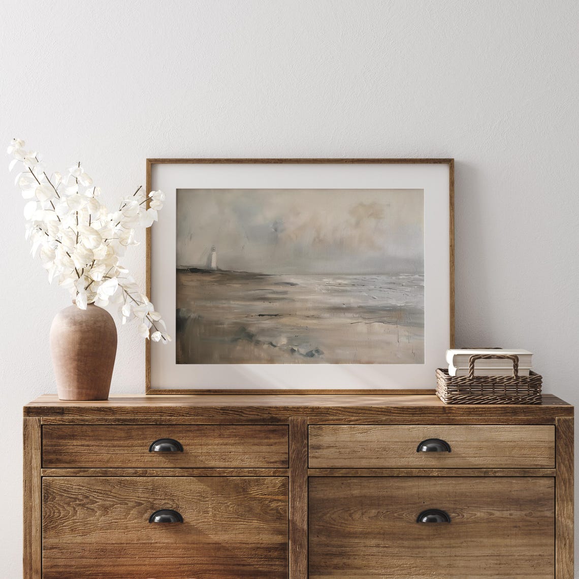 Misty Gray Coastal Lighthouse in Tranquil Minimalist Seascape Poster - Image 4