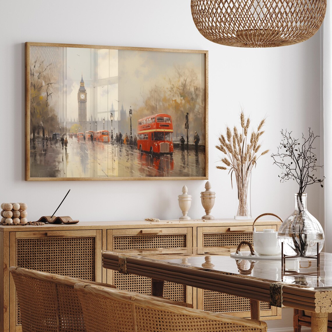 Rainy London Street with Big Ben and Red Bus Vintage City Poster - Image 2