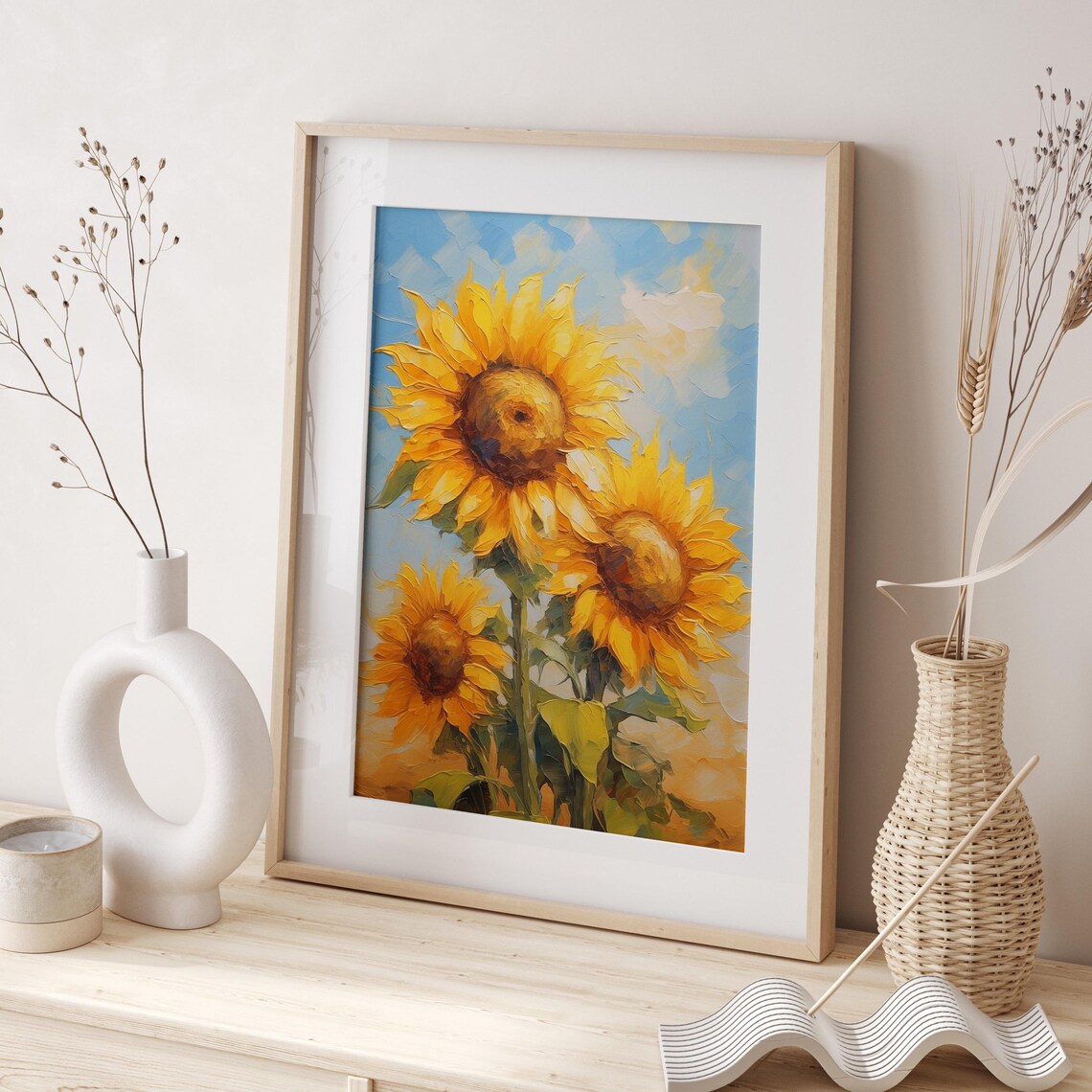 Three Golden Sunflowers Against A Bright Blue Sky Floral Poster - Image 3
