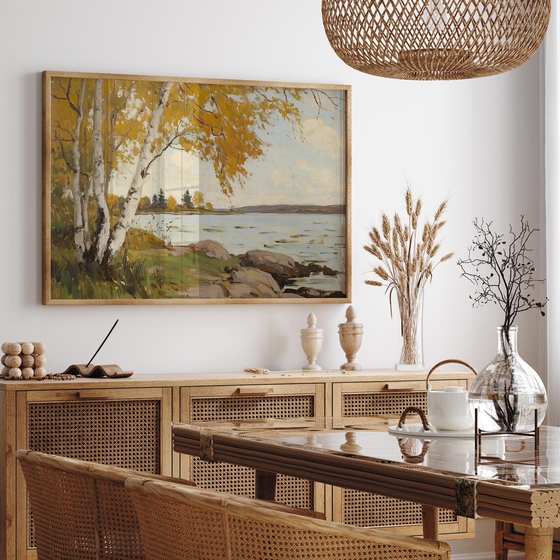Golden Birch Branches Arching Over a Rocky Lakeshore Painting Poster - Image 4