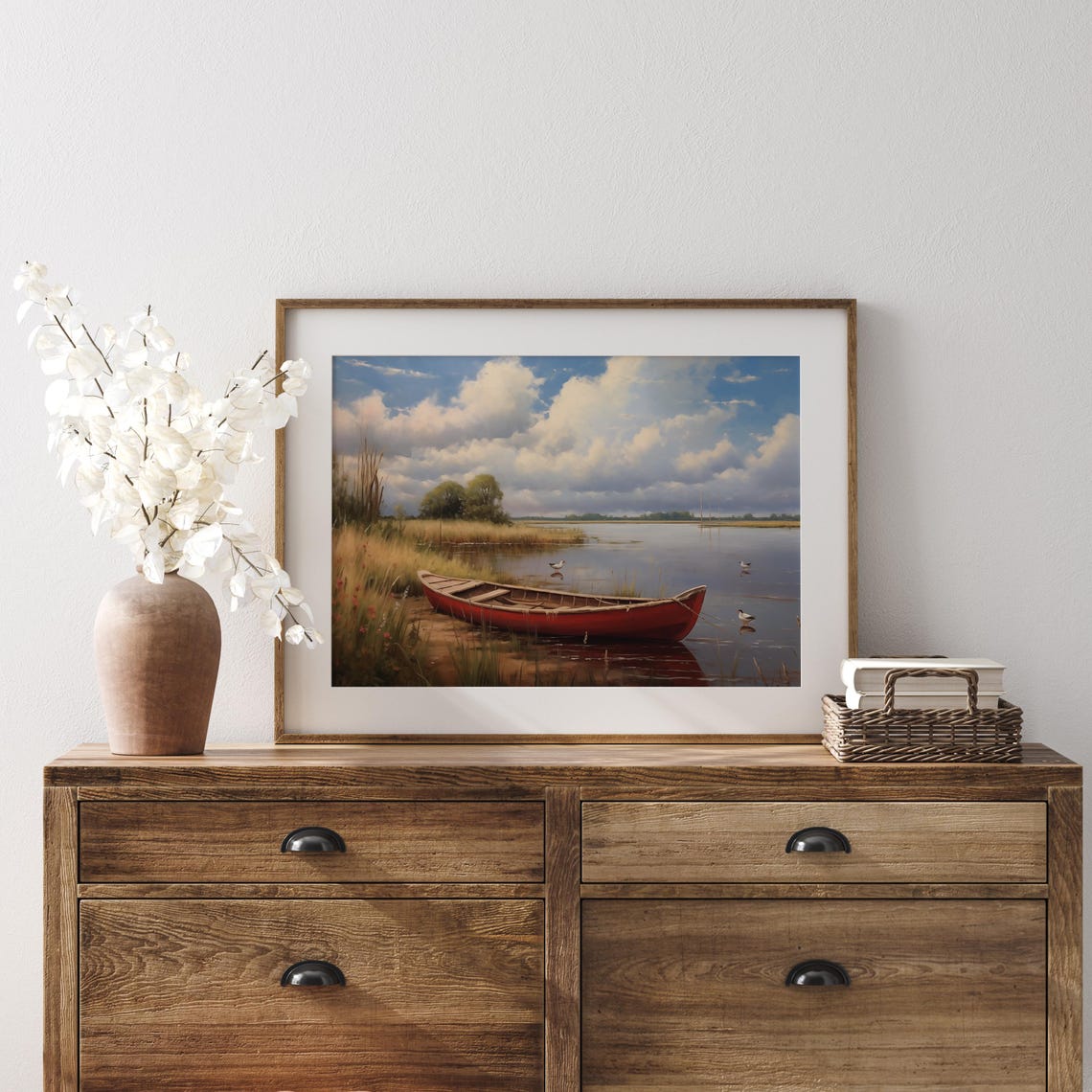 Red Canoe Floating On A Still Lake With Ducks Classic Nature Poster - Image 4