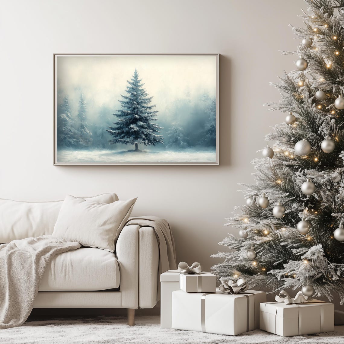 Lone Snowy Fir Tree Standing Alone in Misty Winter Forest Poster - Image 4
