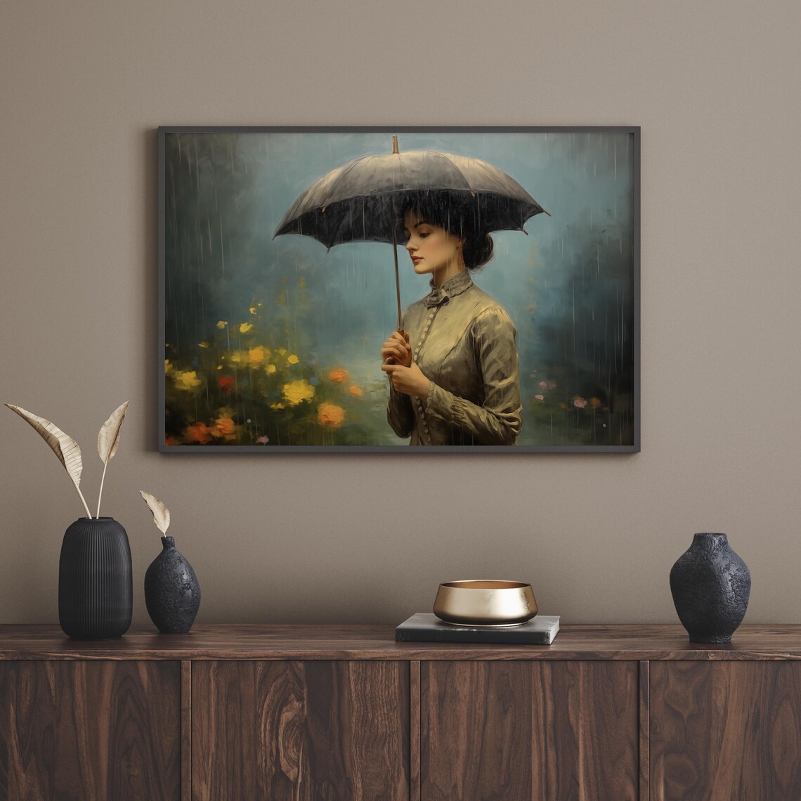 Woman With An Umbrella In The Rain Vintage Oil Portrait Poster - Image 2