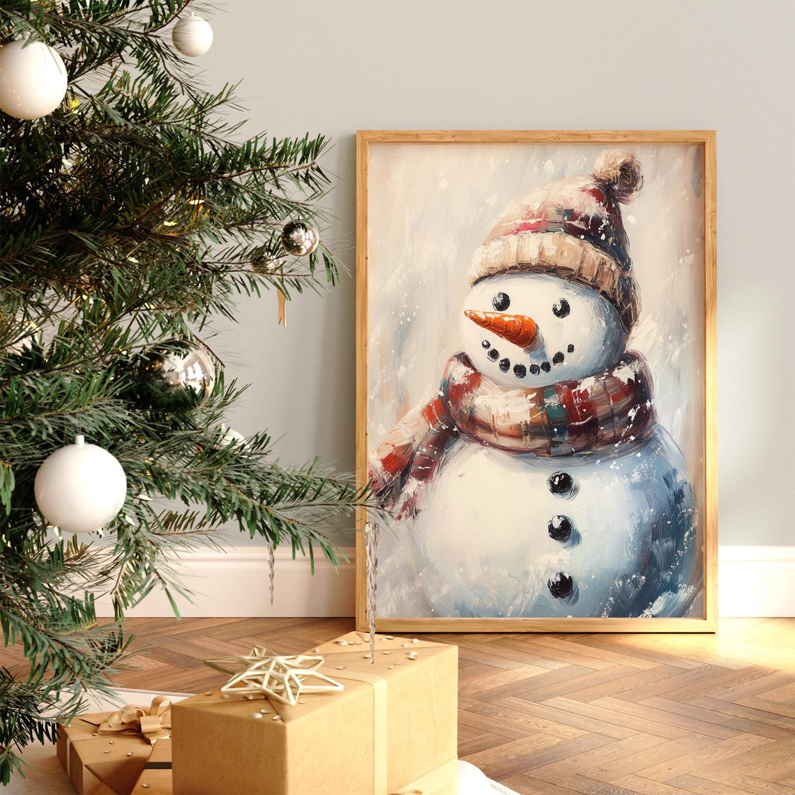 Smiling Snowman with Knit Hat and Plaid Scarf Winter Art Poster - Image 2