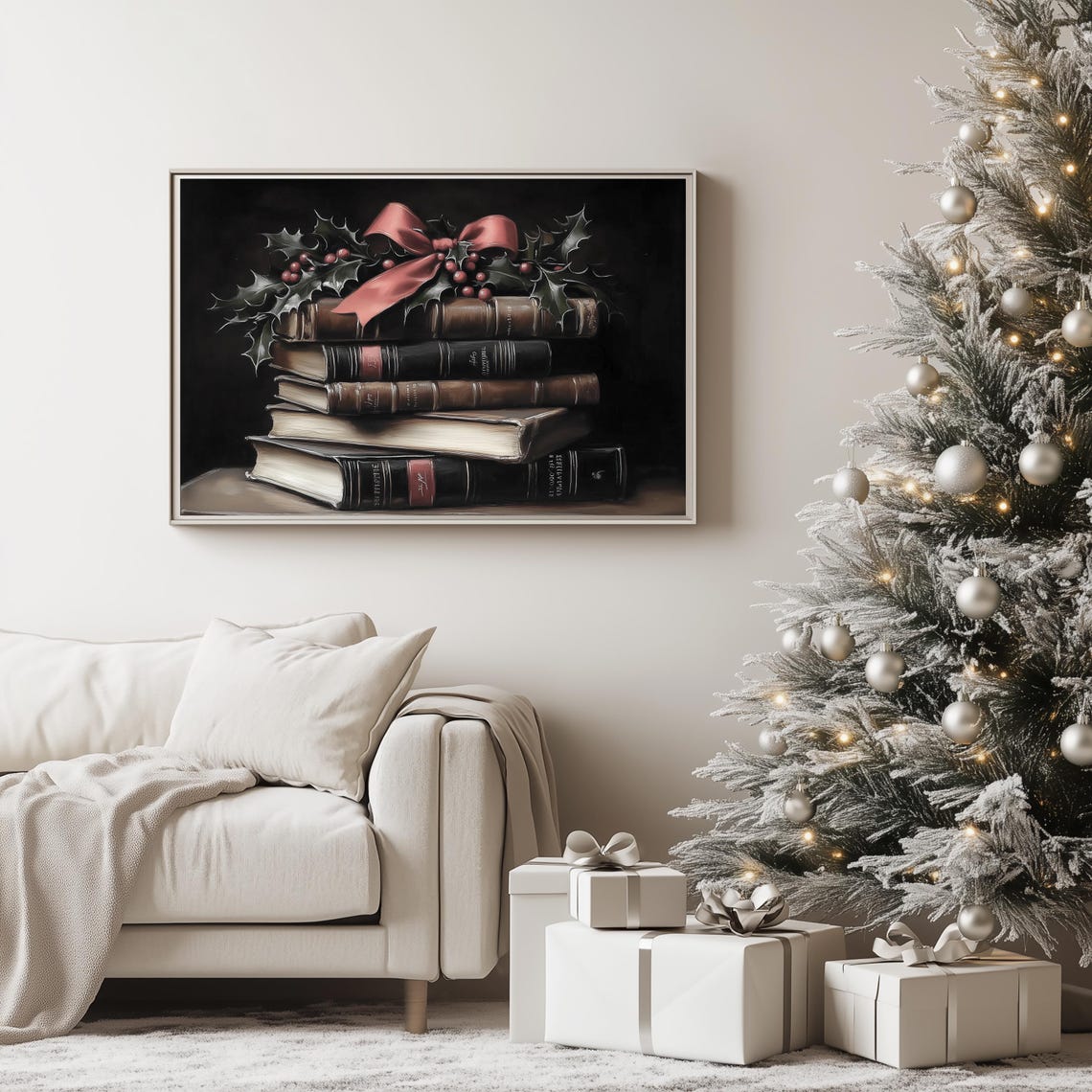 Stack Of Vintage Books With Holly Berries And Bow Christmas Poster - Image 2