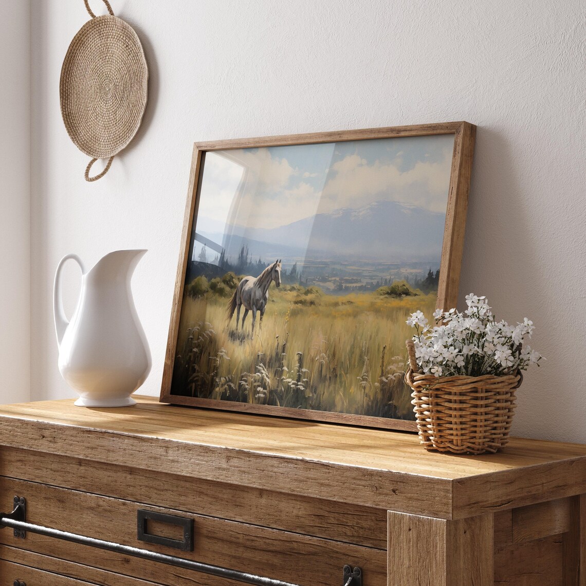 White Horse Standing In A Golden Meadow At Sunset Country Poster - Image 2