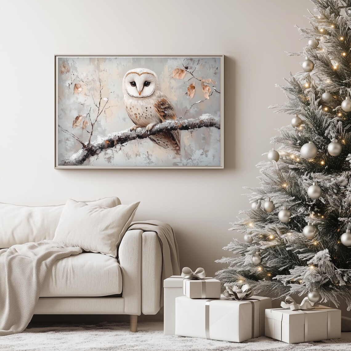 White Barn Owl Perched Snowy Branch Soft Winter Painting Poster - Image 4