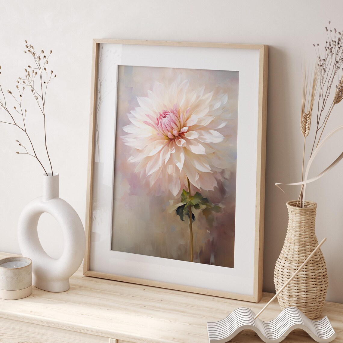 Pink and White Dahlia Bloom Soft Dreamy Pastel Floral Poster - Image 2