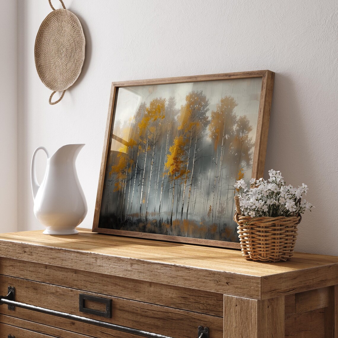 Golden Birch Trees In A Misty Autumn Forest Landscape Poster - Image 2