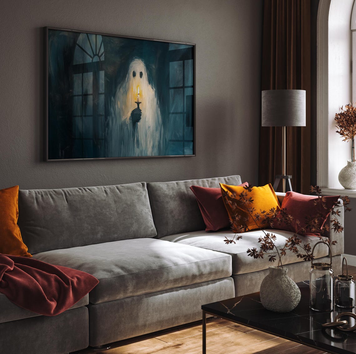 Cute Ghost Holding A Candle In A Dark Painterly Night Poster - Image 3