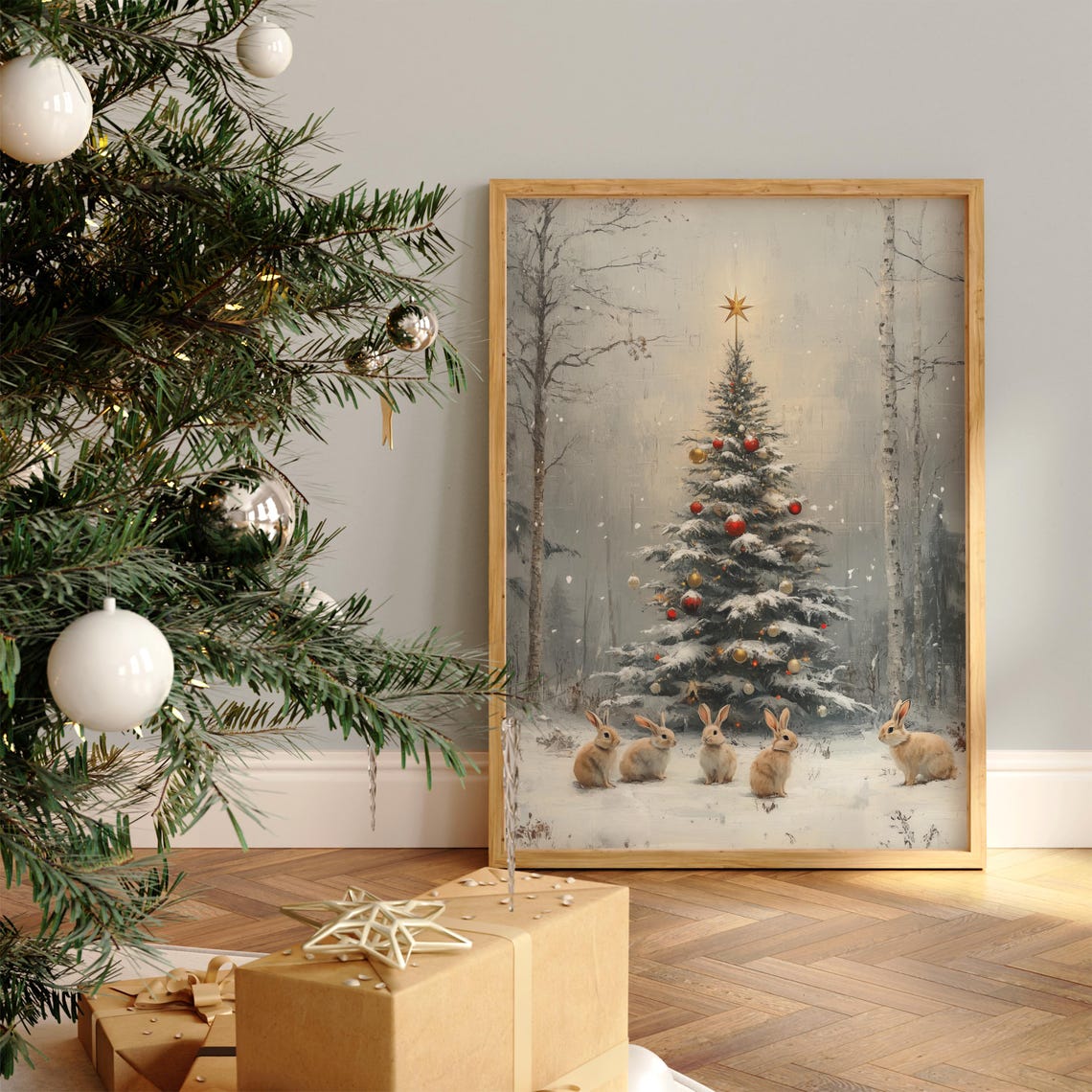 Five Small Rabbits Gathered Around A Decorated Christmas Tree Poster - Image 4