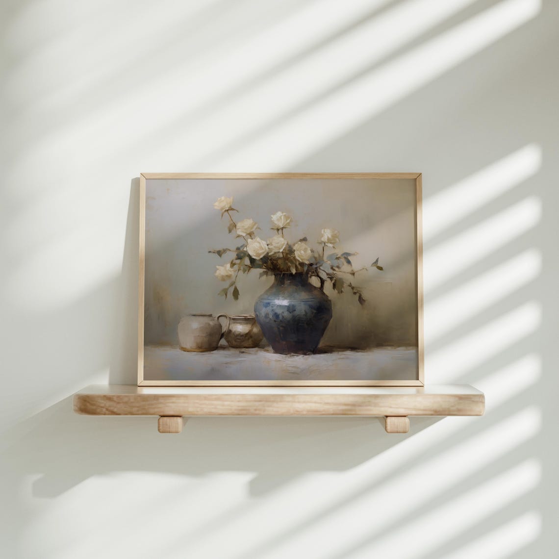 White Roses in Blue Vase Elegant Still Life Floral Art Poster - Image 4