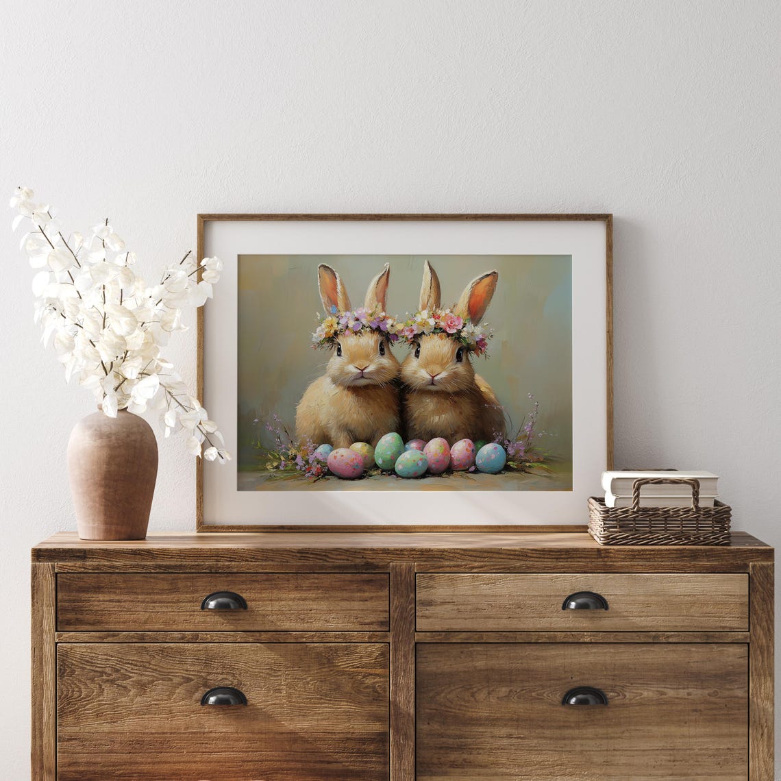 Two Cute Bunnies Wearing Flower Crowns Beside Easter Eggs Poster - Image 3